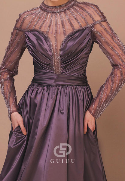 Tahiti A-Line Long Sleeves High Neck Empire-Waist Evening Dress