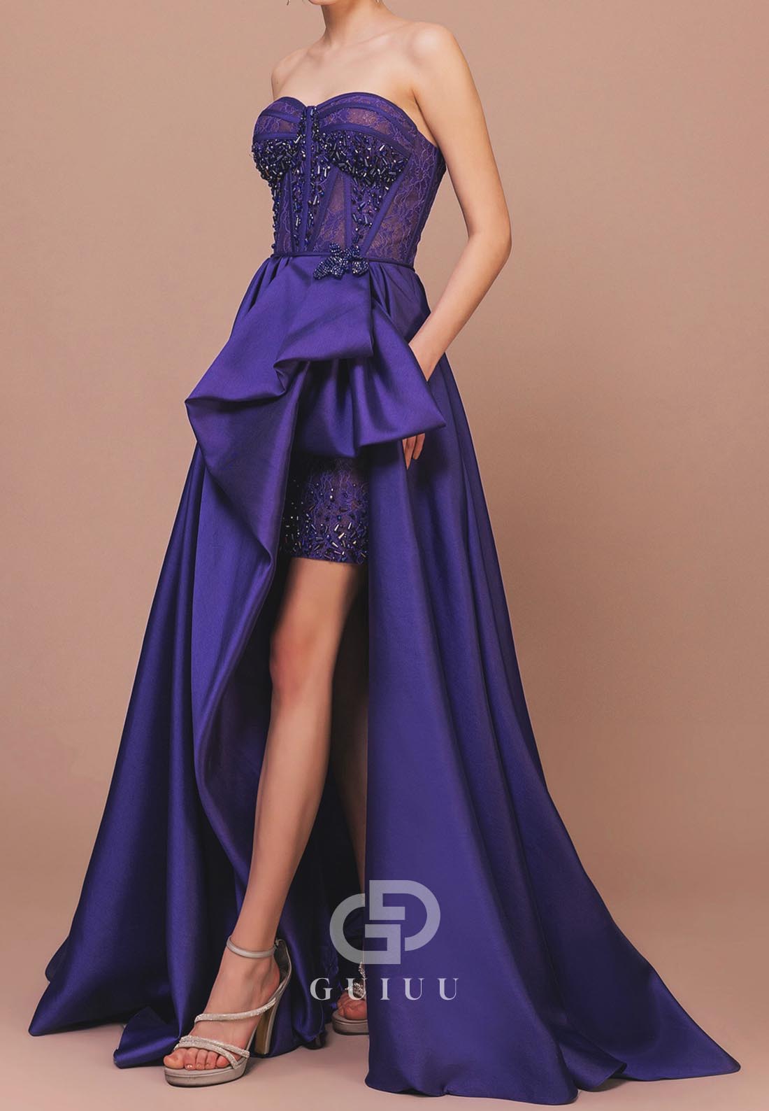 A-Line Strapless Sleeveless Slit Ruched Evening Dress
