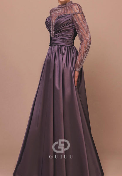 Tahiti A-Line Long Sleeves High Neck Empire-Waist Evening Dress