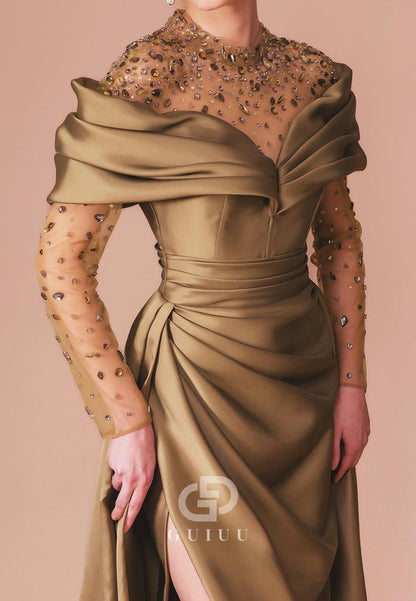 Olive A-Line Long Sleeves Slit Ruched Evening Dress