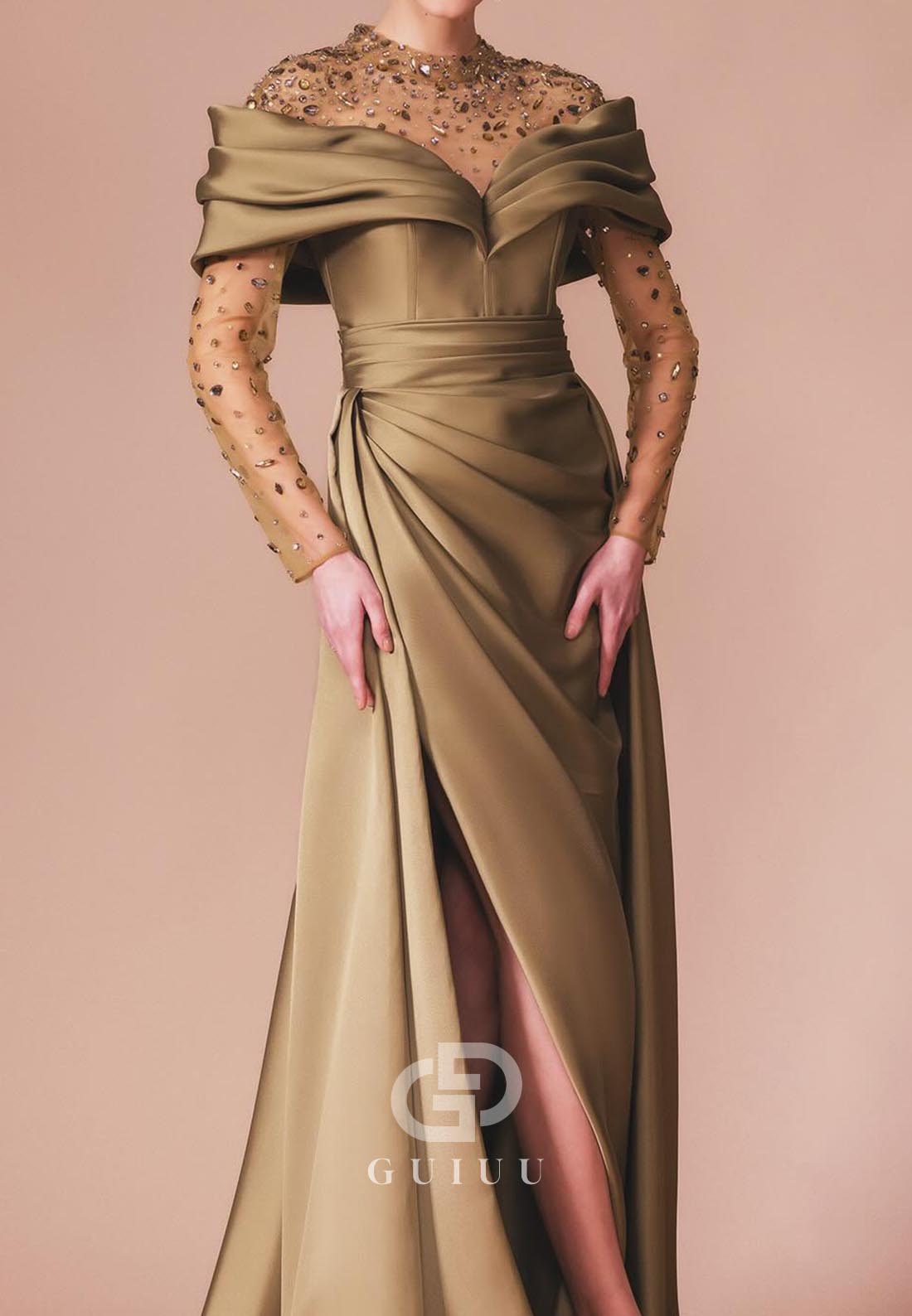 Olive A-Line Long Sleeves Slit Ruched Evening Dress
