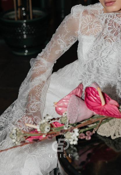 A-Line Long Sleeves Scoop Sweep Train Lace Wedding Dress