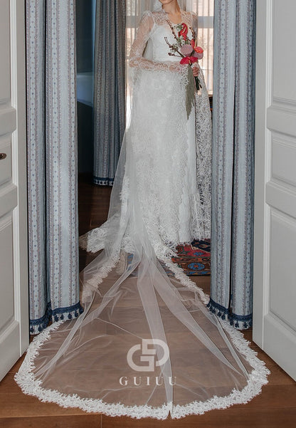 A-Line Long Sleeves Scoop Sweep Train Lace Wedding Dress