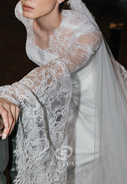 A-Line Long Sleeves Scoop Sweep Train Lace Wedding Dress