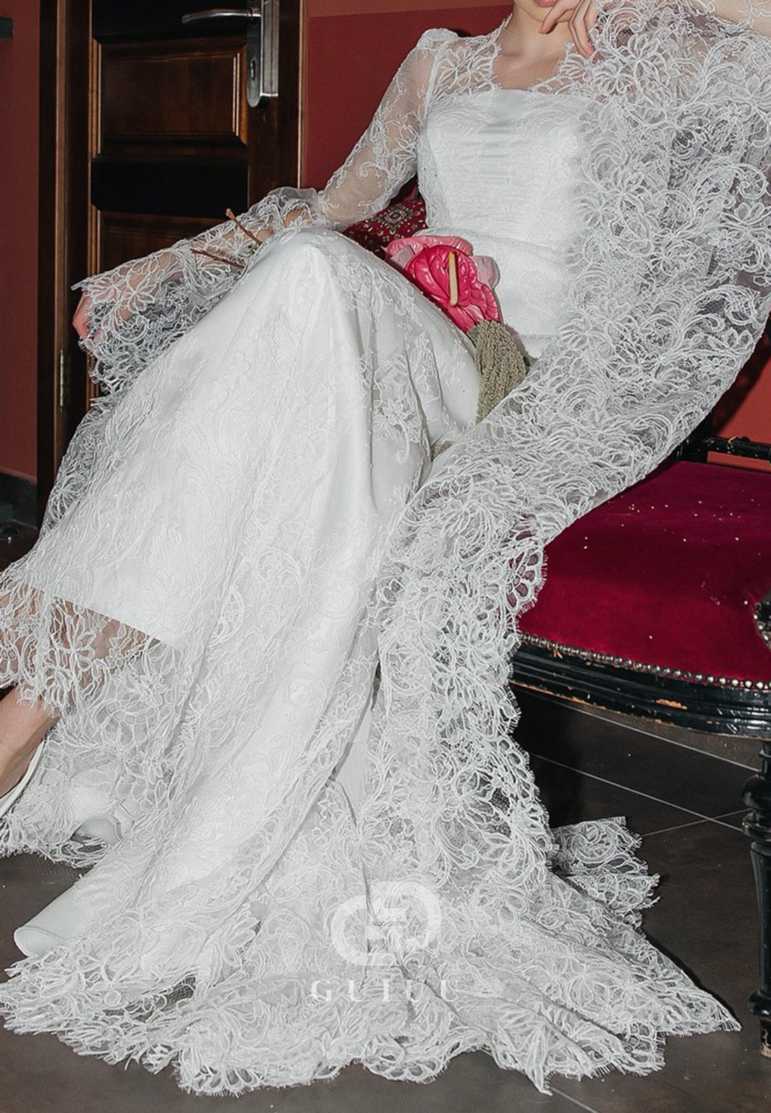 A-Line Long Sleeves Scoop Sweep Train Lace Wedding Dress