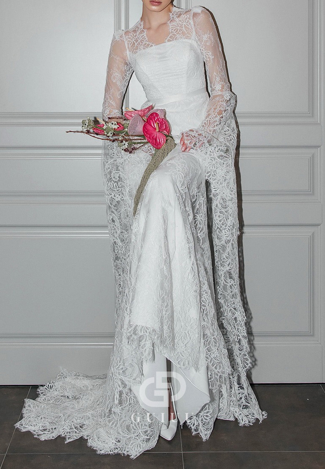 A-Line Long Sleeves Scoop Sweep Train Lace Wedding Dress