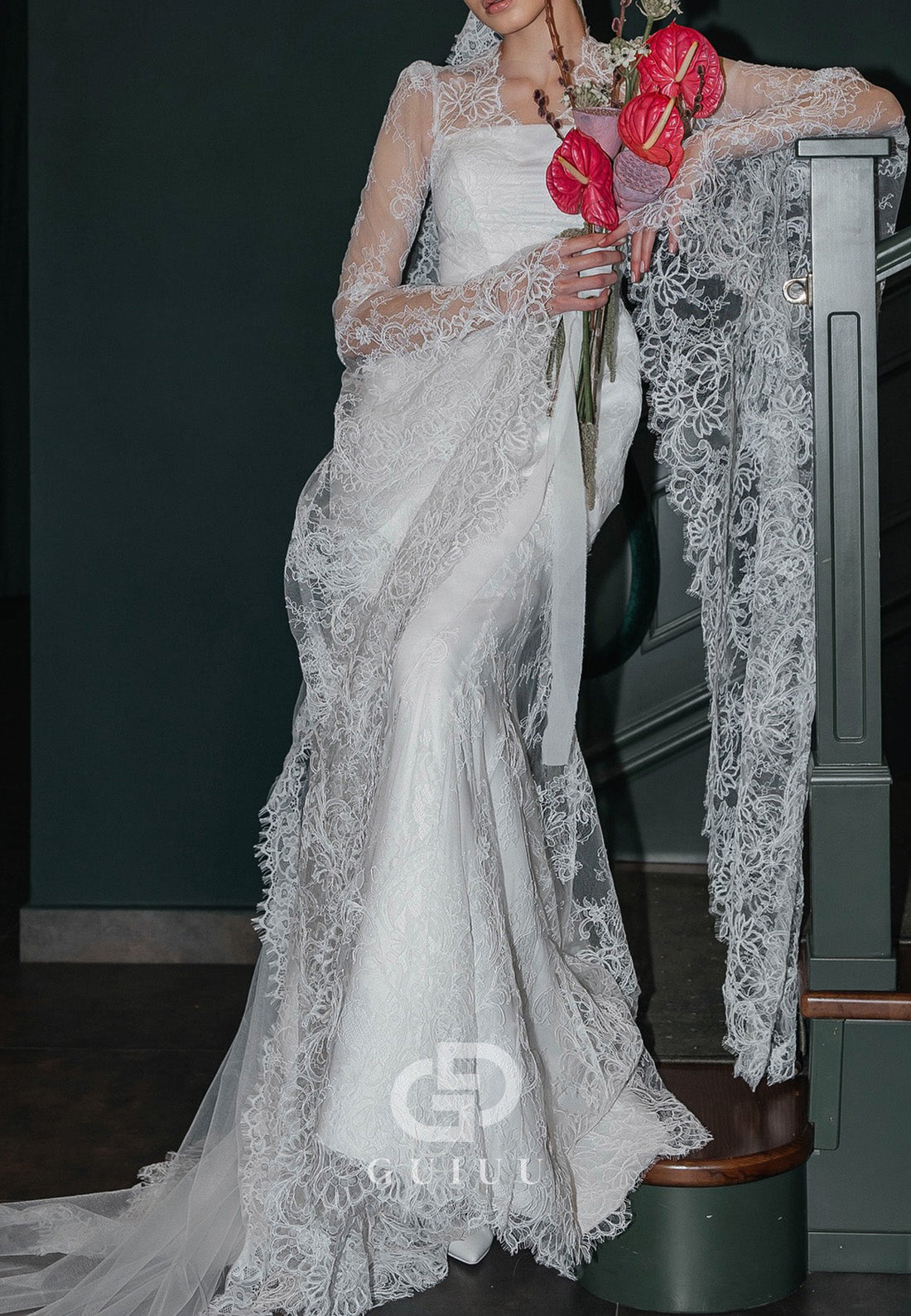 A-Line Long Sleeves Scoop Sweep Train Lace Wedding Dress