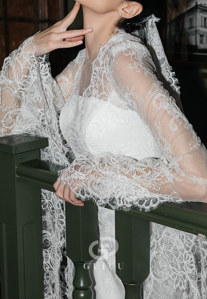 A-Line Long Sleeves Scoop Sweep Train Lace Wedding Dress