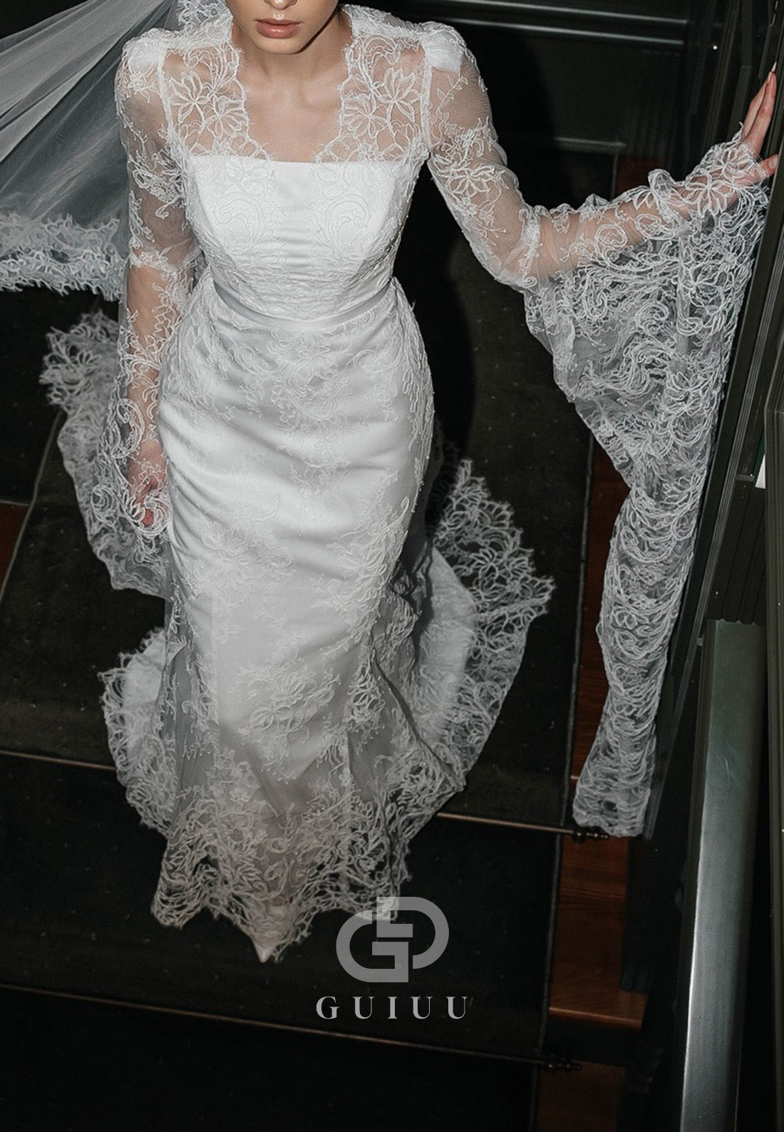 A-Line Long Sleeves Scoop Sweep Train Lace Wedding Dress