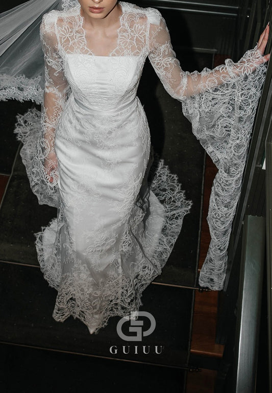 A-Line Long Sleeves Scoop Sweep Train Lace Wedding Dress
