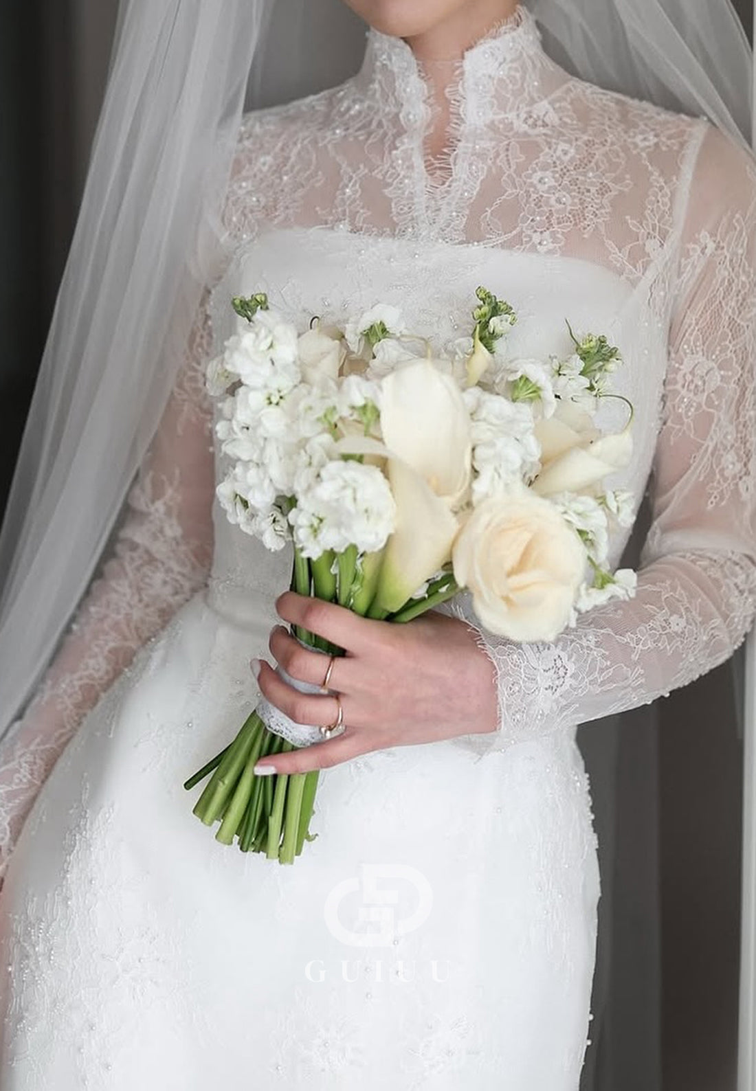 Elegant Long Sleeves High Neck Empire-Waist Lace Wedding Dress