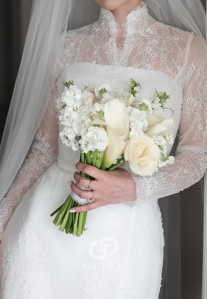 Elegant Long Sleeves High Neck Empire-Waist Lace Wedding Dress