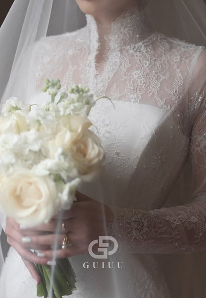 Elegant Long Sleeves High Neck Empire-Waist Lace Wedding Dress