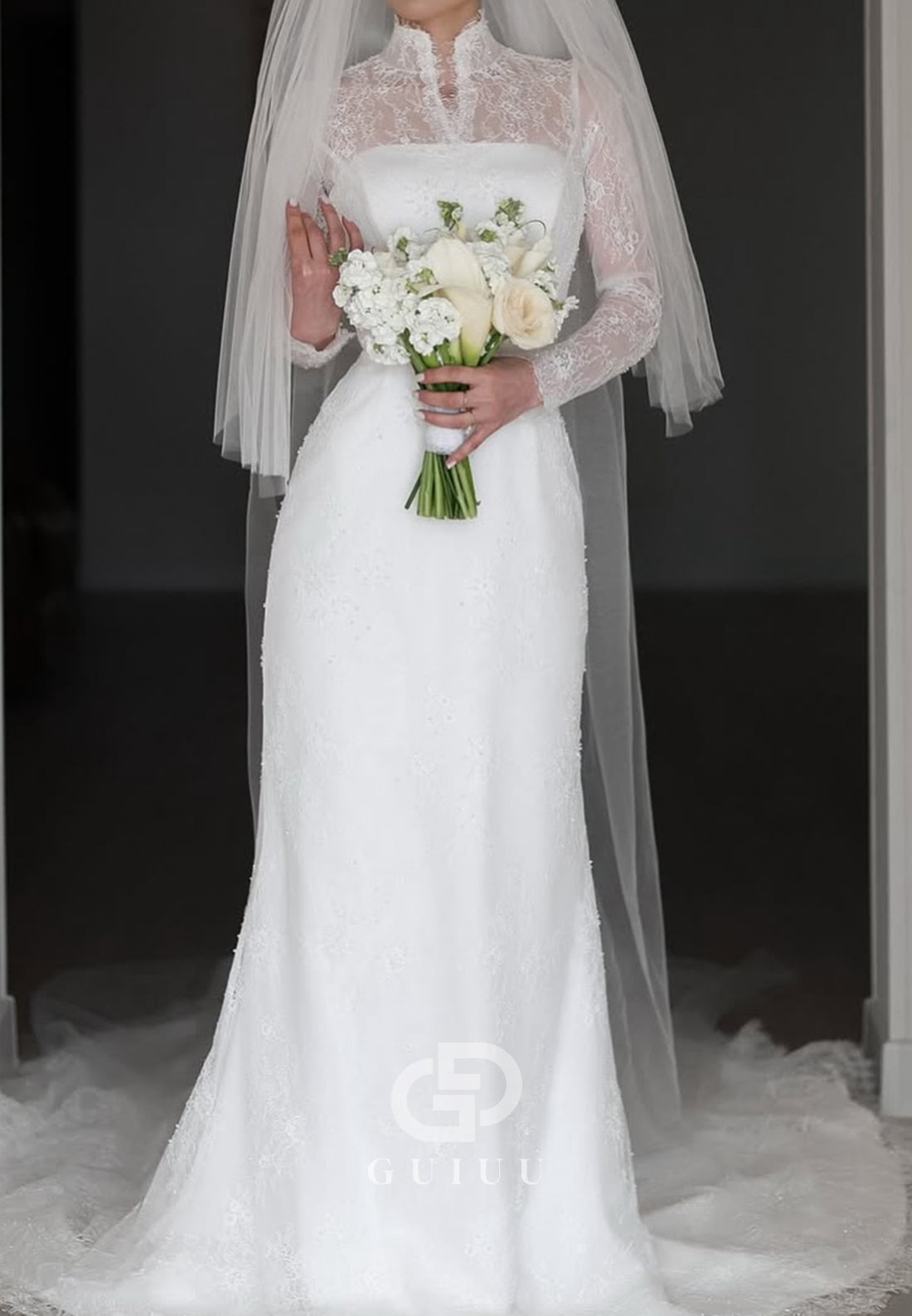 Elegant Long Sleeves High Neck Empire-Waist Lace Wedding Dress