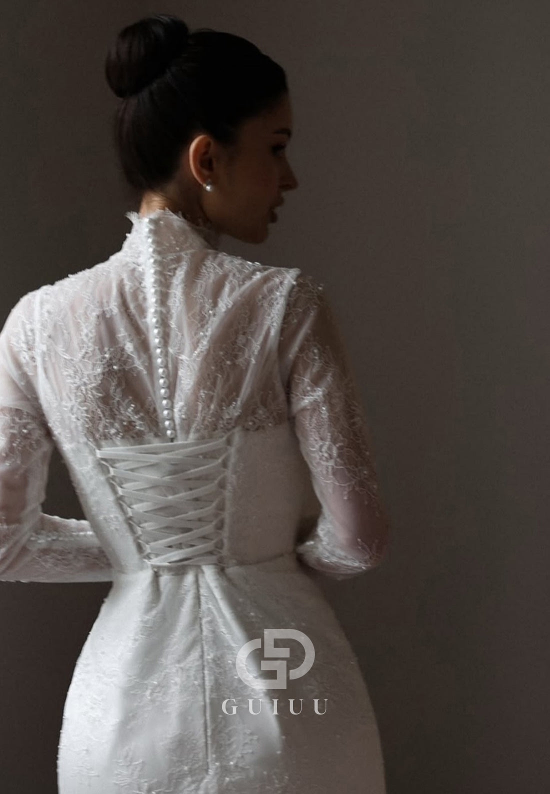 Elegant Long Sleeves High Neck Empire-Waist Lace Wedding Dress