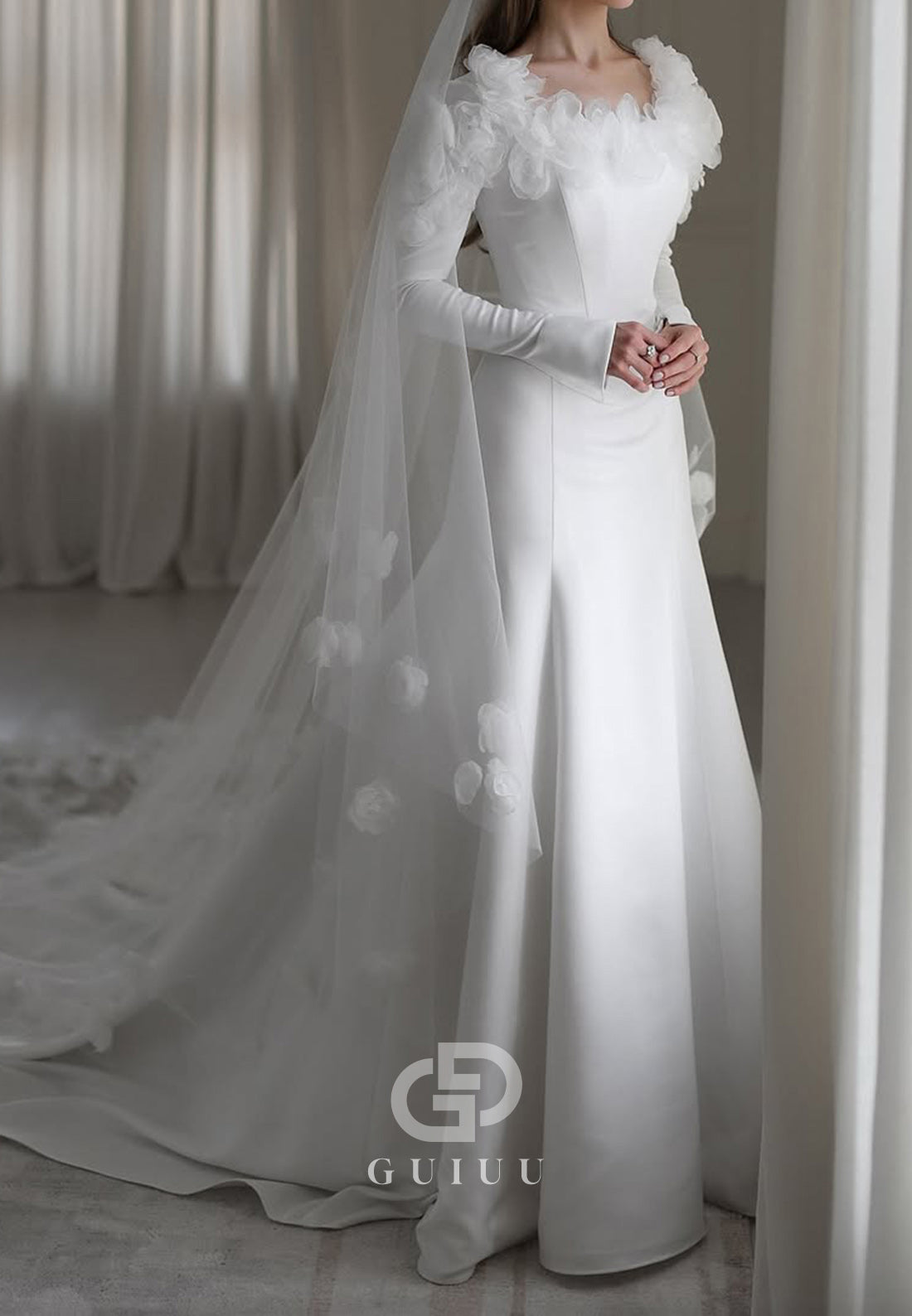 Elegant Long Sleeves Scoop Corset Satin Wedding Dress