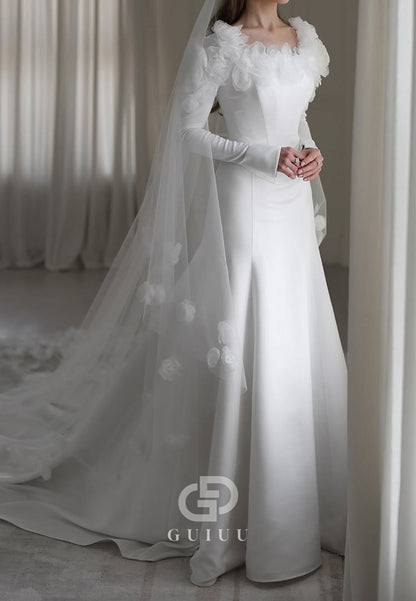 Elegant Long Sleeves Scoop Corset Satin Wedding Dress
