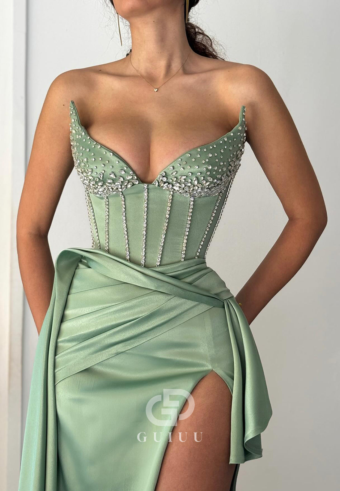 Dusty Sage Sleeveless V-Neck Beads Slit Prom Dress