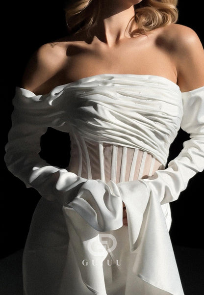 Sheath Off-Shoulder Corset Tulle Ruched Wedding Dress