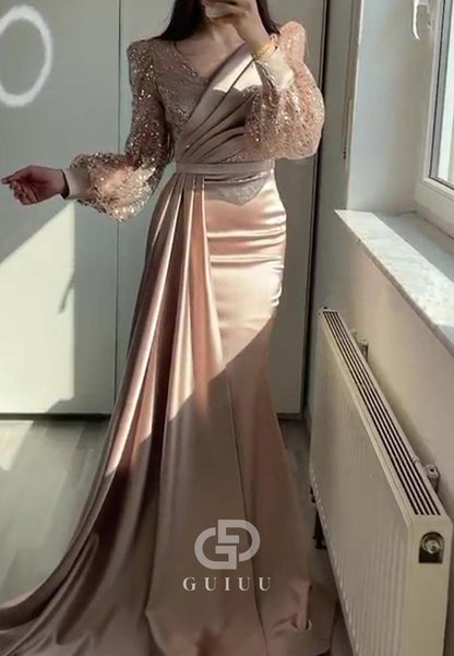Long Sleeves V-Neck Sequins Ruched Sweep Train Evening Formal Dress