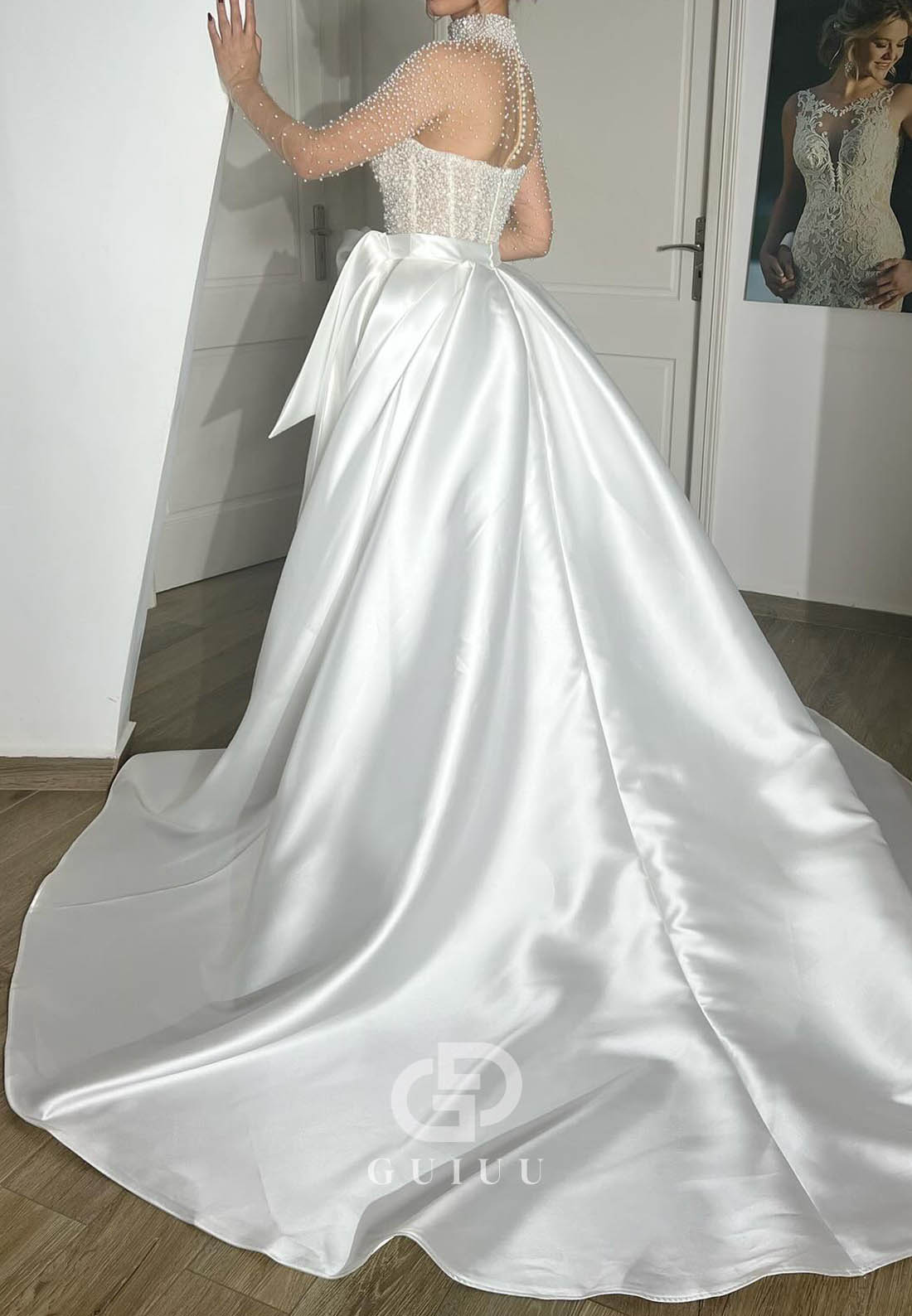 Charming Long Sleeves High Neck Pearls A-Line Wedding Dress