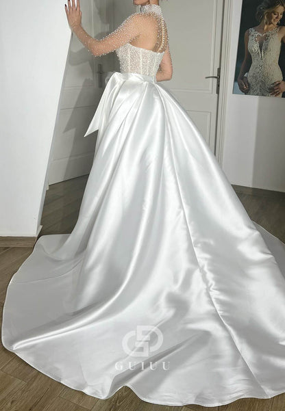 Charming Long Sleeves High Neck Pearls A-Line Wedding Dress