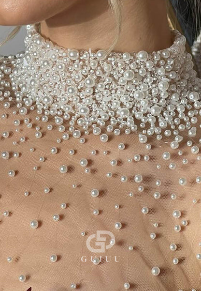 Charming Long Sleeves High Neck Pearls A-Line Wedding Dress