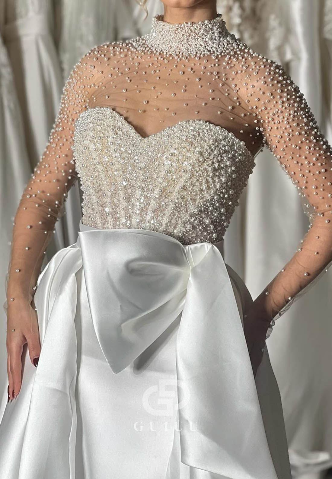 Charming Long Sleeves High Neck Pearls A-Line Wedding Dress