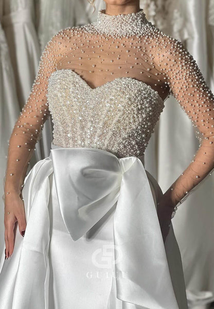 Charming Long Sleeves High Neck Pearls A-Line Wedding Dress