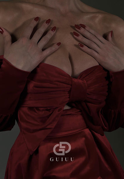 Red Long Sleeves Off-Shoulder Ruched Short Homecoming Dress