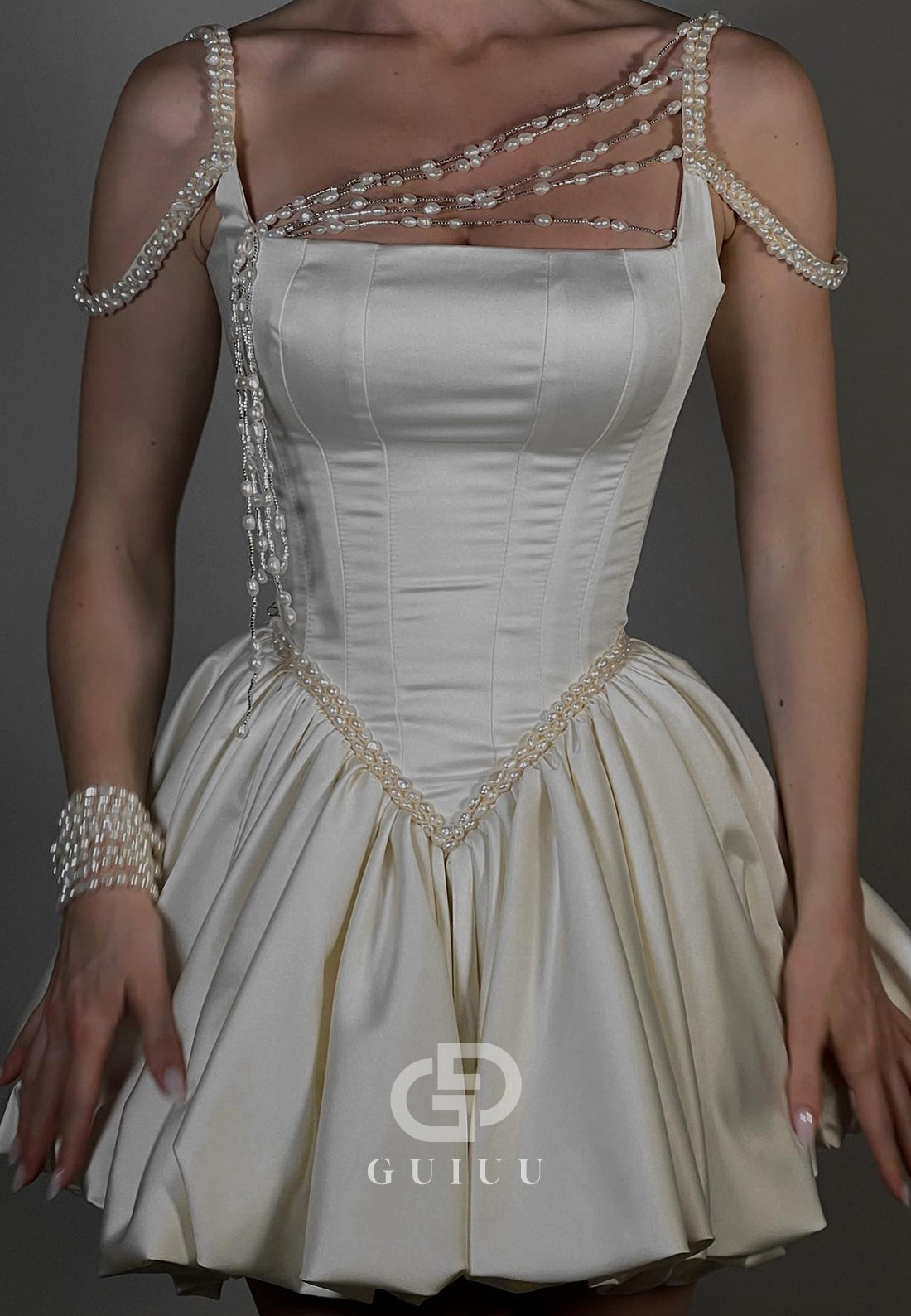 A-Line Spaghetti Straps Square Pearls Short Homecoming Dress