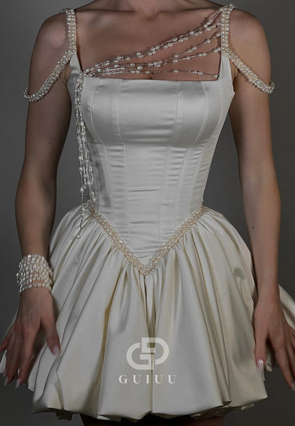 A-Line Spaghetti Straps Square Pearls Short Homecoming Dress