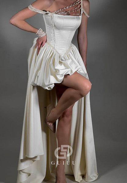 A-Line Spaghetti Straps Square Pearls Short Homecoming Dress