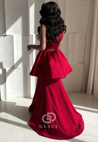Red Spaghetti Straps V-Neck Ruched Evening Dress