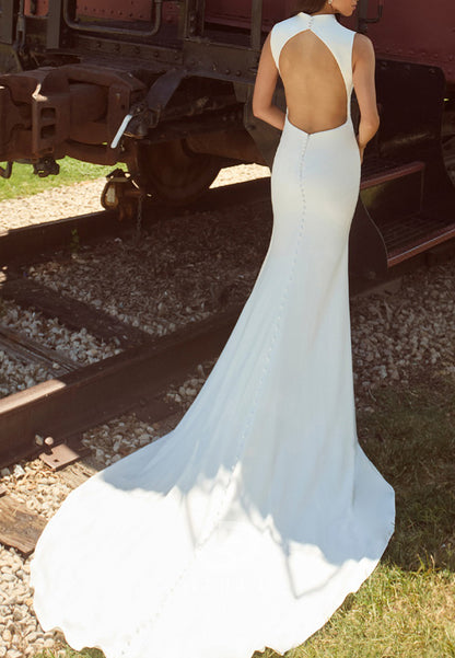 Simple Sleeveless High Neck Sweep Train Wedding Dress
