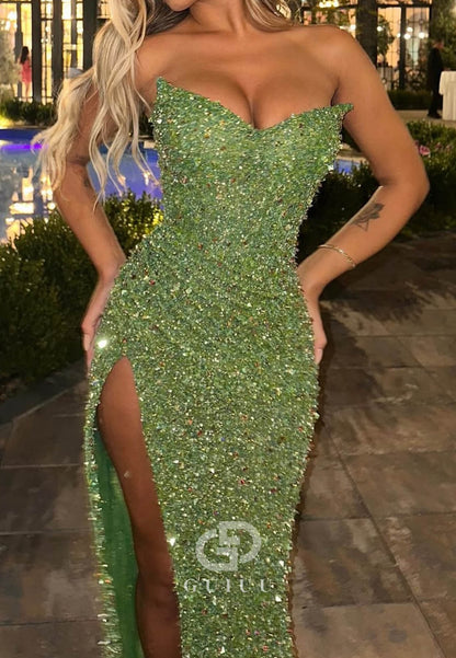 Sheath Sweetheart Sleeveless Slit Sequins Prom Dress