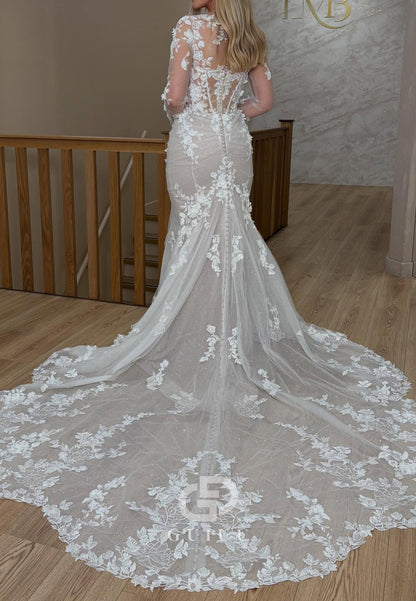 Long Sleeves Sweetheart Floral Appliques Mermaid Wedding Dress