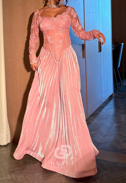 Blushing Pink Long Sleeeves Scoop Corset Tulle Ruched Prom Dress