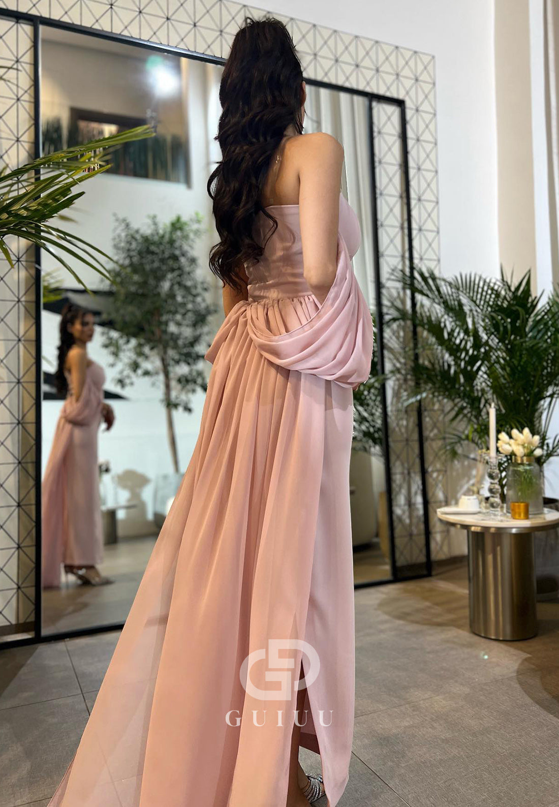 Blushing Pink Spaghetti Straps Square Ruched Evening Dress