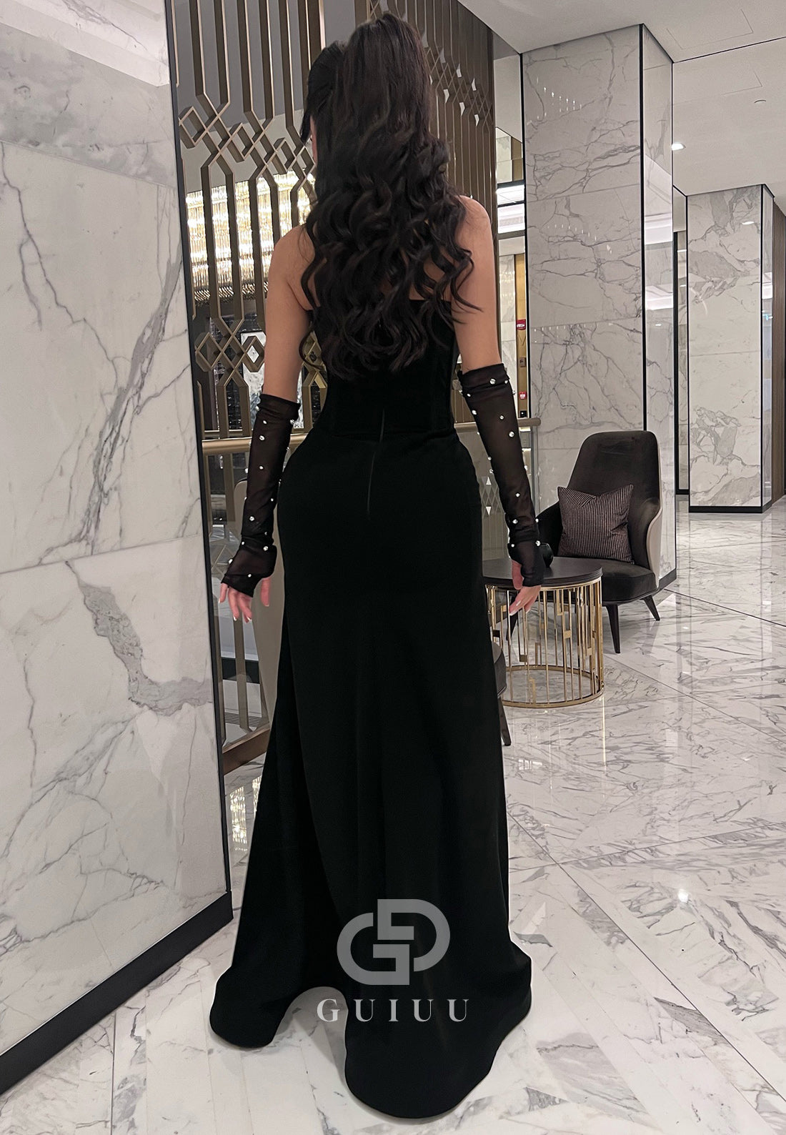 Black Sleeveless Strapless Beads Ruched Evening Dress
