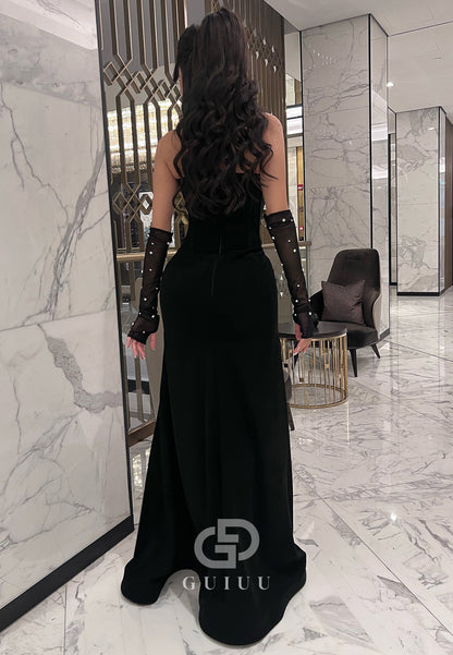 Black Sleeveless Strapless Beads Ruched Evening Dress