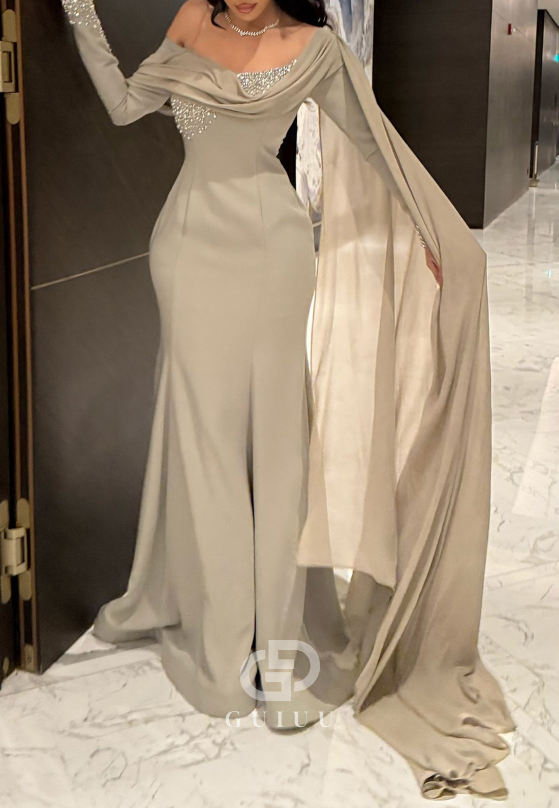 Dusty Sage Long Sleeves Off-Shoulder Sequins Evening Dress