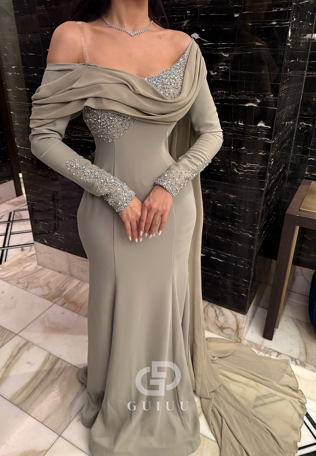 Dusty Sage Long Sleeves Off-Shoulder Sequins Evening Dress