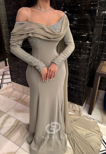 Dusty Sage Long Sleeves Off-Shoulder Sequins Evening Dress