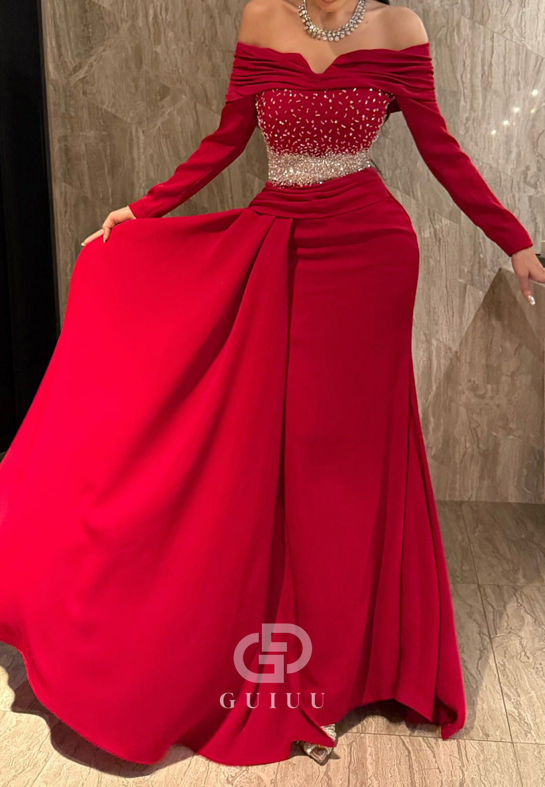 Red Long Sleeves Off-Shoulder Sequins Ruched Evening Dress