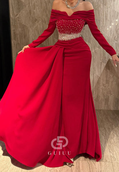 Red Long Sleeves Off-Shoulder Sequins Ruched Evening Dress