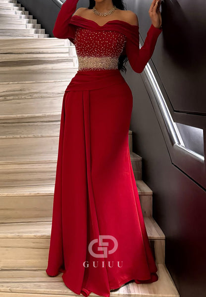 Red Long Sleeves Off-Shoulder Sequins Ruched Evening Dress