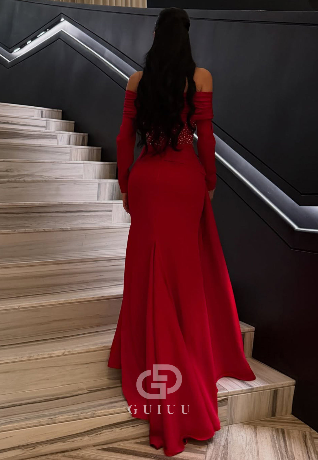 Red Long Sleeves Off-Shoulder Sequins Ruched Evening Dress