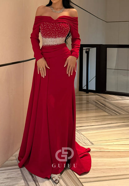 Red Long Sleeves Off-Shoulder Sequins Ruched Evening Dress