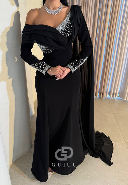 Black Long Sleeves Sequins Ruched Evening Dress